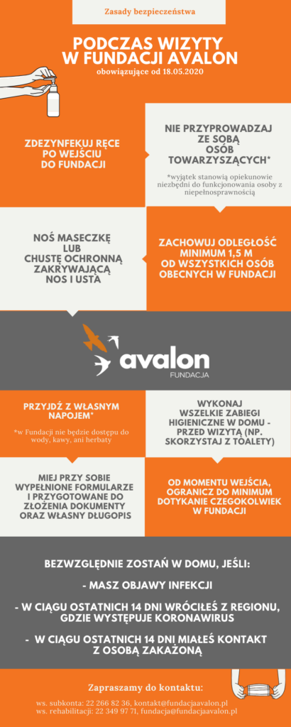 Infografika Zasady bezpieczeństwa podczas wizyty w Fundacji Avalon obowiązujące od 18.05.2020. Zdezynfekuj ręce po wejściu do Fundacji. Nie przyprowadzaj ze sobą osób towarzyszących, wyjątek stanowią opiekunowie niezbędni do funkcjonowania osoby z niepełnosprawnością. Noś maseczkę lub chustkę ochronną zakrywającą nos i usta. Zachowuj odległość minimum 1,5 m od wszystkich osób obecnych w Fundacji. Przyjdź z własnym napojem, w Fundacji nie będzie dostępu do wody, kawy ani herbaty. Wykonaj wszelkie zabiegi higieniczne w domu - przed wizytą (np. skorzystaj z Toalety). Miej przy sobie wypełnione formularze i przygotowane do złożenia dokumenty oraz własny długopis. Od momentu wejścia, ogranicz do minimum dotykanie czegokolwiek w Fundacji. Bezwzględnie zostań w domu, jeśli: masz objawy infekcji, w ciągu ostatnich 14 dni wróciłeś z regionu, gdzie występuje koronawirus, w ciągu ostatnich 14 dni miałeś kontakt z osobą zakażoną.