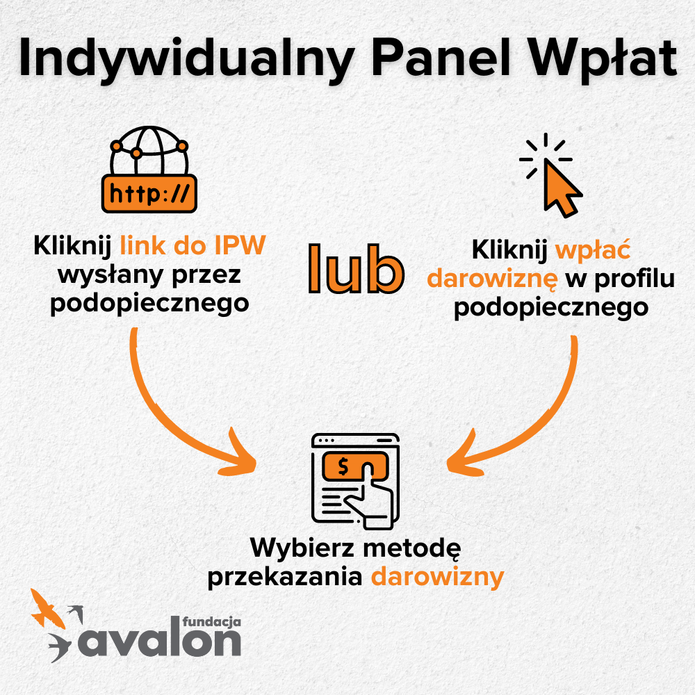 Na grafice napis Indywidualny Panel Wpłat Kliknij w link do IPW wysłany przez podopiecznego lub Kliknij wpłać darowizne w profilu podopiecznego. Wybierz metodę przekazania darowizny