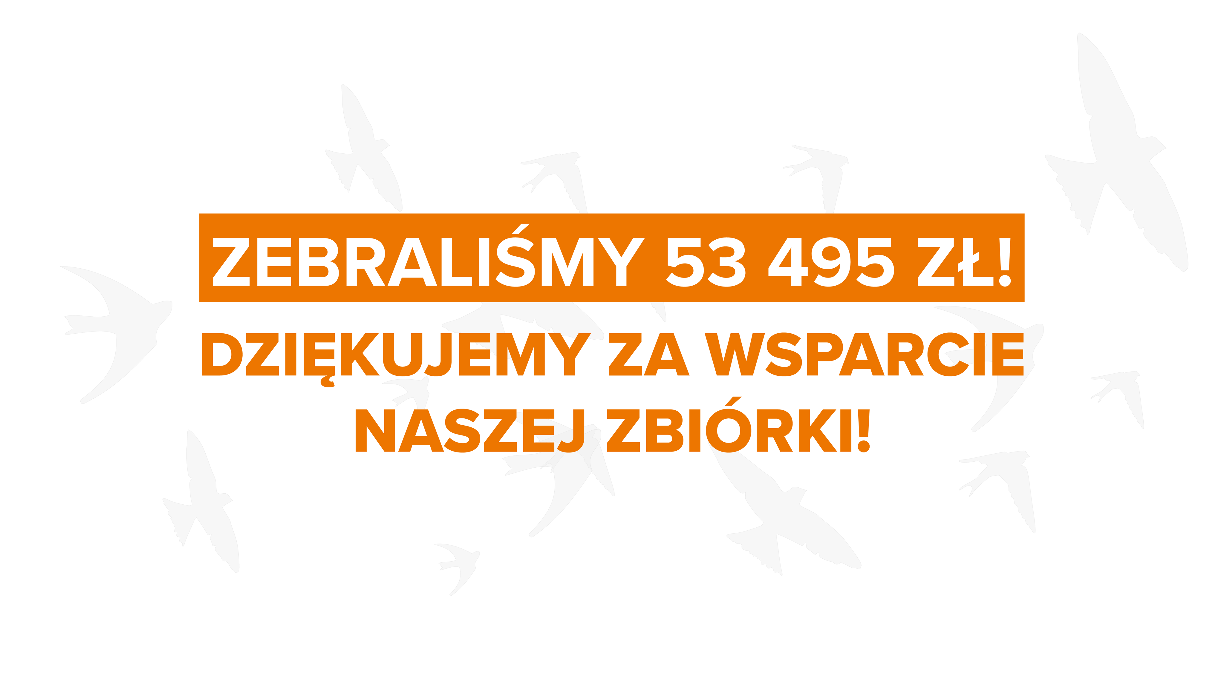 Na grafice napis: Zebraliśmy 53 495 zł! Dziękujemy za wsparcie naszej zbiórki!