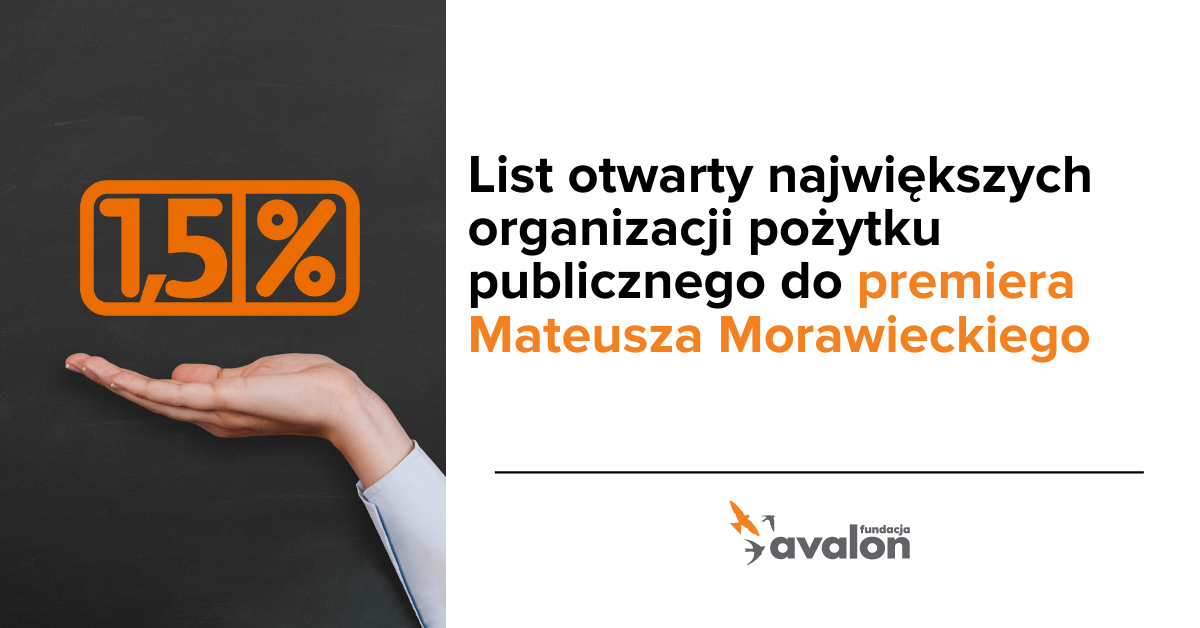 Na grafice zdjęcie wyciągniętej dłoni nad którą jest logo półtora procenta. Napis: List otwarty największych organizacji pożytku publicznego do premiera Mateusza Morawieckiego