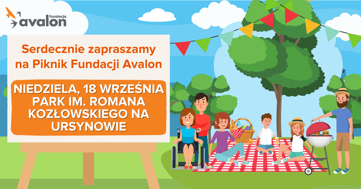 Na grafice rysunek ludzi podczas pikniku w parku oraz napis Serdecznie zapraszamy na piknik Fundacji Avalon, niedziela 18 września, park im. Romana Kozłowskiego na Ursynowie.