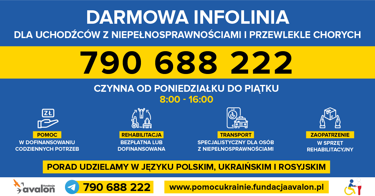 Na grafice napis: Darmowa infolinia dla uchodźców z niepełnosprawnościami i przewlekle chorych 790 688 222, czynna od poniedziałku do piątku 8.00 - 16.00, pomoc w dofinansowaniu codziennych potrzeb, rehabilitacja bezpłatna lub dofinansowana, transport specjalistyczny dla osób z niepełnosprawnościami, zaopatrzenie w sprzęt rehabilitacyjny, porad udzielamy w języku polskim, rosyjskim i ukraińskim.