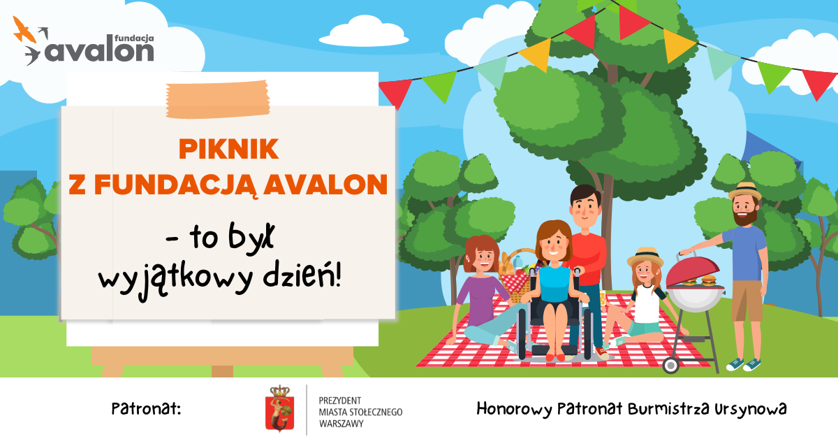 Grafika z rodziną podczas pikniku. Napis: Piknik z Fundacją Avalon - to był wyjątkowy dzień!