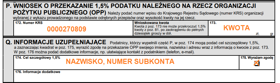 Na grafice wzór poprawnie wypełnionych rubryk dotyczących przekazania 1,5% podatku