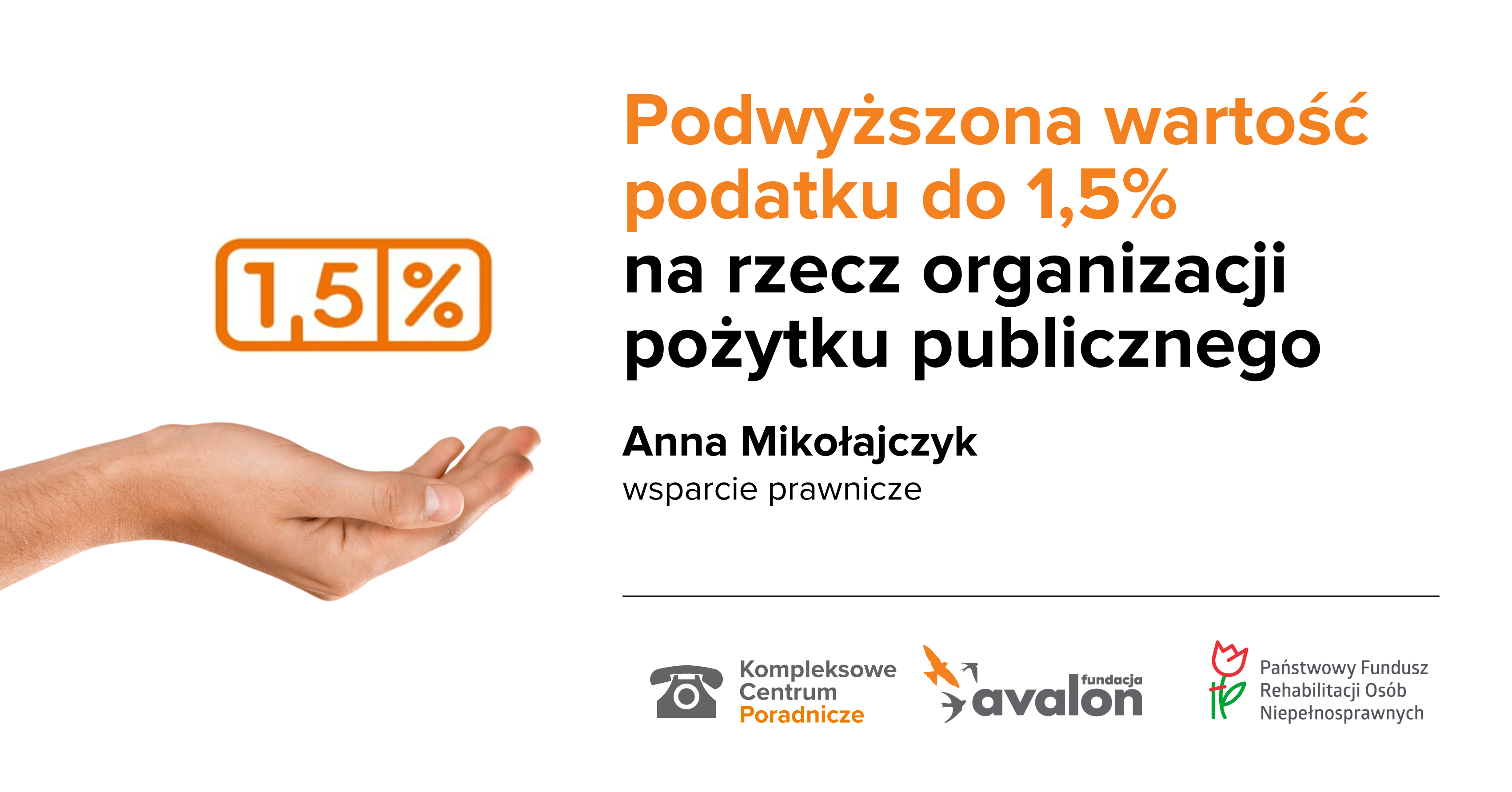 Wyciągnięta ręka z logotypem 1,5% podatku