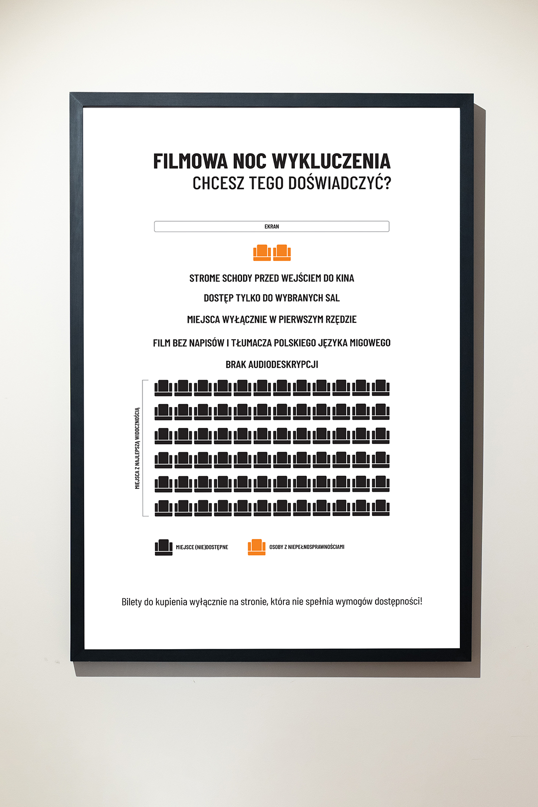 Na plakacie ukazano bariery w kulturze doświadczane przez osoby z niepełnosprawnościami.